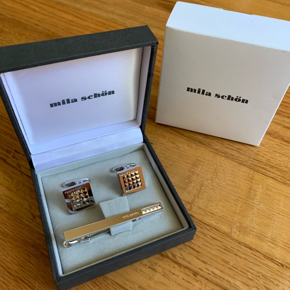 Mila Schon designer cuff links and tie bar